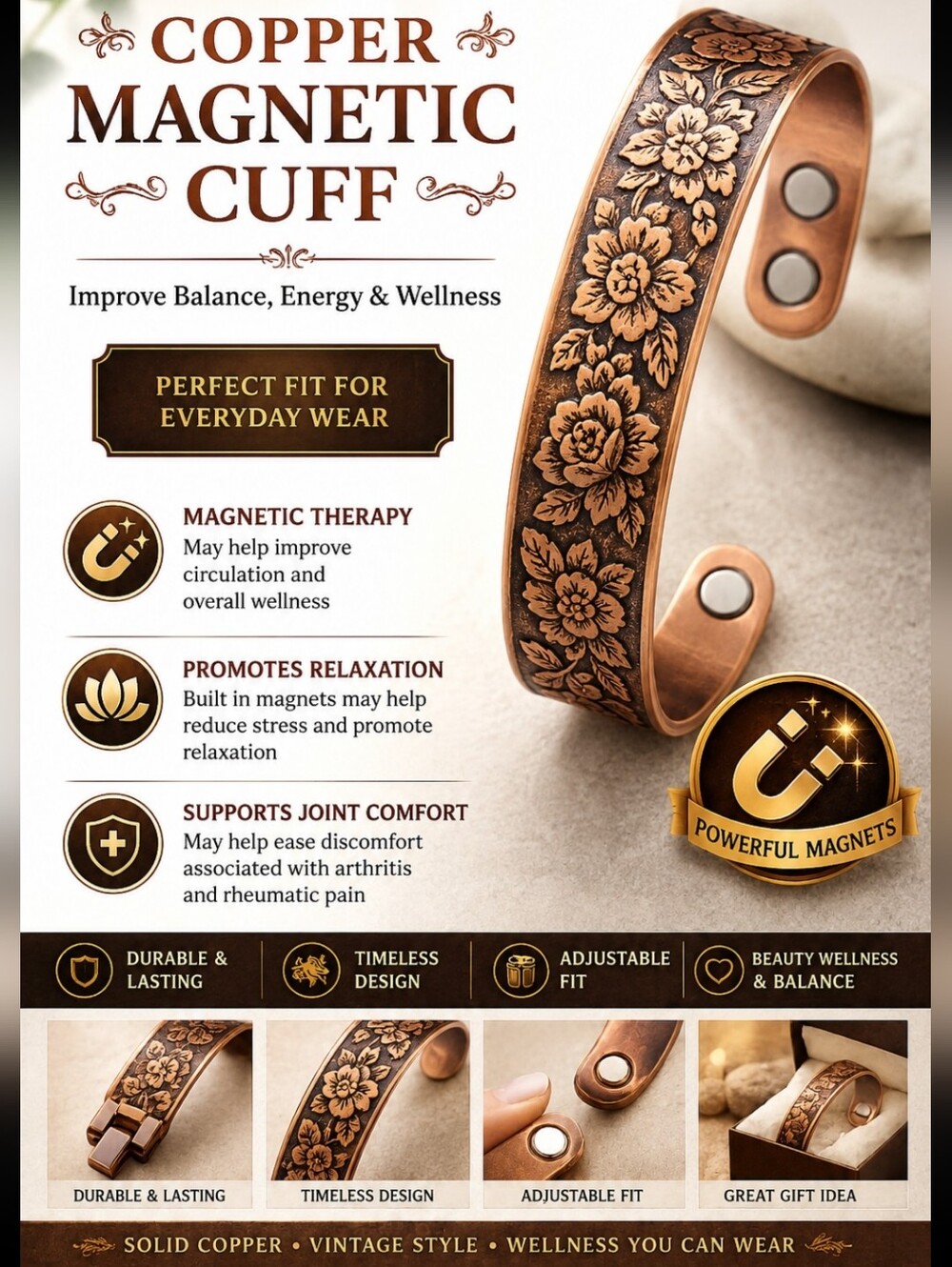 Copper Floral Magnetic Cuff Bracelet - Copper